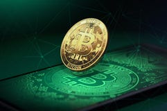 Golden bitcoin levitating over a smartphone with Bitcoin logo on it. Bitcoin and blockchain concept. 3D rendering royalty free illustration Golden bitcoin levitating over a smartphone with Bitcoin logo on it. Bitcoin and blockchain concept. 3D rendering royalty free illustration