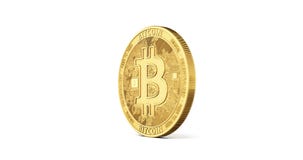 Golden Bitcoin spinning counterclockwise in perfect loop isolated on white background.