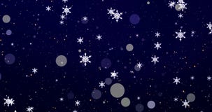 Golden confetti, snowflakes and bokeh lights on the blue Merry Christmas background.