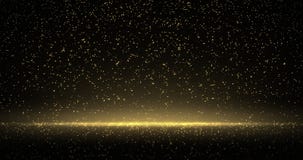 Golden glitter rain, gold particles sparkling lights. Bokeh light sparks and shimmer glow on luxury black background