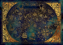 Golden Map Of Fantasy World With Dragon, Pirate Ship, Mermaid, Elf, Goblin On Blue Royalty Free Stock Images