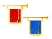 Golden Royal Horn Trumpet With Blue And Red Banner. Musical Instrument For King Orchestra. Royalty Free Stock Images Golden Royal Horn Trumpet With Blue And Red Banner. Musical Instrument For King Orchestra. Royalty Free Stock Images