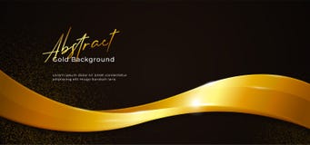 Golden sparkling abstract fluid wave vector illustration with gold glitter on dark black paper background. poster banner template