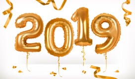 Golden toy balloons. Happy New Year 2019. 3d vector icon. On white background stock illustration Golden toy balloons. Happy New Year 2019. 3d vector icon. On white background stock illustration