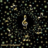 Golden treble clef and musical notes on a background of bright confetti vector illustration Golden treble clef and musical notes on a background of bright confetti vector illustration