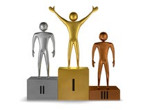 Golden Winner, Silver And Bronze Prizetakers On Podium. Front View Royalty Free Stock Photos Golden Winner, Silver And Bronze Prizetakers On Podium. Front View Royalty Free Stock Photos