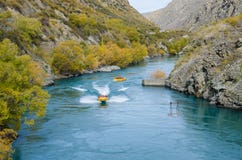 Goldfields jet ride on the Kawarau River to Goldfields Mining Centre in Kawarau Gorge,south island of New Zealand. Royalty Free Stock Images Goldfields jet ride on the Kawarau River to Goldfields Mining Centre in Kawarau Gorge,south island of New Zealand. Royalty Free Stock Images