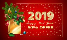 Goldvektor-Text guten Rutsch ins Neue Jahr, 3d goldene Stellen 2019, Werbungsweihnachtsangebot Einkaufstaschetannenzweige Weihnac stock abbildung Goldvektor-Text guten Rutsch ins Neue Jahr, 3d goldene Stellen 2019, Werbungsweihnachtsangebot Einkaufstaschetannenzweige Weihnac stock abbildung