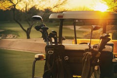 Golf cart 18th hole sun setting
