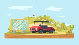 Golflandschap met tribunekaart en golfkar De achtergrond van de sport vector illustratie Golflandschap met tribunekaart en golfkar De achtergrond van de sport vector illustratie
