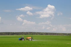 Gomel, Weißrussland - 4. Mai 2016: Traktorsprühweizenfeld mit Sprüher, Herbiziden und Schädlingsbekämpfungsmitteln lizenzfreie stockbilder Gomel, Weißrussland - 4. Mai 2016: Traktorsprühweizenfeld mit Sprüher, Herbiziden und Schädlingsbekämpfungsmitteln lizenzfreie stockbilder