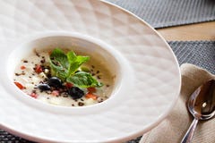 good morning, breakfast and healthy food concept - Tasty oatmeal with strawberries, mint leaves, blueberries and chocolate in whit stock photos good morning, breakfast and healthy food concept - Tasty oatmeal with strawberries, mint leaves, blueberries and chocolate in whit stock photos