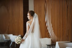 Gorgeous Beauty Portrait Of A Young Bride. Beautiful Bride With Wedding Hairstyle And Makeup In A Trendy Dress With The Royalty Free Stock Image