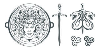 Gorgon Medusa - monster with a female face and snakes instead of hair. Sword. Medusa head. Greek mythology. Hand drawn traditional vector illustration Gorgon Medusa - monster with a female face and snakes instead of hair. Sword. Medusa head. Greek mythology. Hand drawn traditional vector illustration