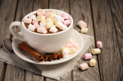 Gorąca czekolada z marshmallows i pikantność na nieociosanym drewnianym stole obraz royalty free Gorąca czekolada z marshmallows i pikantność na nieociosanym drewnianym stole obraz royalty free