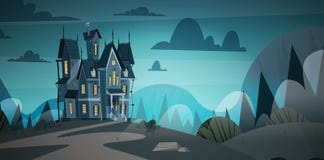 Gotyka kasztelu dom W blasku księżyca Strasznym budynku Z ducha Halloweenowym Wakacyjnym pojęciem ilustracji Gotyka kasztelu dom W blasku księżyca Strasznym budynku Z ducha Halloweenowym Wakacyjnym pojęciem ilustracji