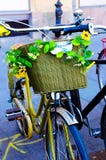 Gouden Fiets met Gele Zonnebloemen stock afbeeldingen Gouden Fiets met Gele Zonnebloemen stock afbeeldingen