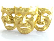 Gouden theatrale maskers die emoties afschilderen 3d geef terug Stock Afbeeldingen Gouden theatrale maskers die emoties afschilderen 3d geef terug Stock Afbeeldingen