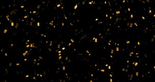 Gouden vallen schittert folieconfettien, animatie 3d beweging op zwarte achtergrond Gouden vallen schittert folieconfettien, animatie 3d beweging op zwarte achtergrond