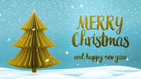 Gouden Vrolijke Kerstmis van de Kerstmisboom en het Gelukkige bericht van de Nieuwjaargroet in het Engels op blauwe achtergrond, vector illustratie Gouden Vrolijke Kerstmis van de Kerstmisboom en het Gelukkige bericht van de Nieuwjaargroet in het Engels op blauwe achtergrond, vector illustratie