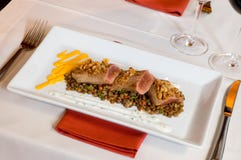 Gourmet Plate Meat With Lentil Stock Images