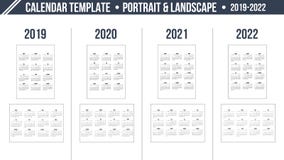 Grade do calendário pelo ano 2019-2022 no fundo branco Disposição da orientação do retrato e da paisagem Molde da cópia do projet ilustração royalty free Grade do calendário pelo ano 2019-2022 no fundo branco Disposição da orientação do retrato e da paisagem Molde da cópia do projet ilustração royalty free
