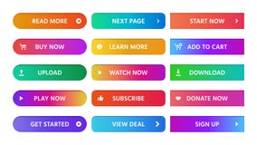 Gradient buttons. Rectangular next page button, read more and add to cart icon colorful gradients web isolated vector stock illustration Gradient buttons. Rectangular next page button, read more and add to cart icon colorful gradients web isolated vector stock illustration