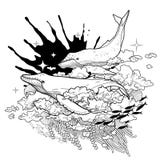 Graficzni wieloryby lata w niebie royalty ilustracja Graficzni wieloryby lata w niebie royalty ilustracja
