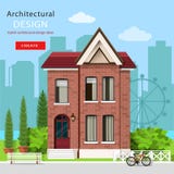 Grafisch eigentijds luxehuis met groene werf en stadsachtergrond Europese moderne architectuur Vector illustratie stock illustratie Grafisch eigentijds luxehuis met groene werf en stadsachtergrond Europese moderne architectuur Vector illustratie stock illustratie