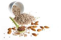 Graines de lin, graines de tournesol, amandes photo stock Graines de lin, graines de tournesol, amandes photo stock