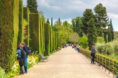 Granada, Espanha - 5/6/18: Turistas em Alhambra Garden, arbustos fotos de stock royalty free Granada, Espanha - 5/6/18: Turistas em Alhambra Garden, arbustos fotos de stock royalty free