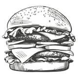 Grand hamburger, style de vecteur d'hamburger rétro de croquis tiré par la main d'illustration illustration stock Grand hamburger, style de vecteur d'hamburger rétro de croquis tiré par la main d'illustration illustration stock