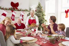 Grand-mère mettant en évidence la Turquie au repas de Noël de famille photographie stock libre de droits Grand-mère mettant en évidence la Turquie au repas de Noël de famille photographie stock libre de droits