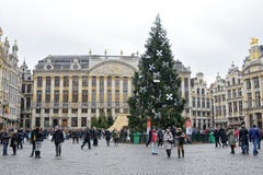 Grand Place of Brussels with installed Christmas Tree royalty free stock photo Grand Place of Brussels with installed Christmas Tree royalty free stock photo