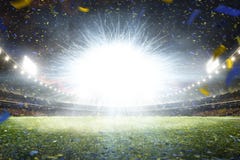Grande arena di calcio di notte vuota con il flash immagini stock Grande arena di calcio di notte vuota con il flash immagini stock