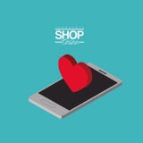 Grande cuore sopra il negozio isometrico del manifesto variopinto dello smartphone online illustrazione vettoriale Grande cuore sopra il negozio isometrico del manifesto variopinto dello smartphone online illustrazione vettoriale