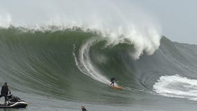 Grande surfista Tyler Fox Surfing Mavericks California di Wave Grande surfista Tyler Fox Surfing Mavericks California di Wave