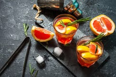 Grapefrukt- och rosmaringincoctail, uppfriskande drink med is royaltyfri bild Grapefrukt- och rosmaringincoctail, uppfriskande drink med is royaltyfri bild