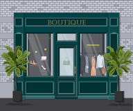 Graphic vector facade vintage boutique. Detailed Illustration of a clothes shop in a flat style. Retail storefront Stock Photos Graphic vector facade vintage boutique. Detailed Illustration of a clothes shop in a flat style. Retail storefront Stock Photos