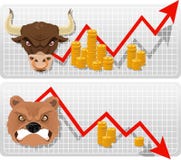 Graphique de gestion d'économie de flèche de Taureau et d'ours avec les pièces de monnaie d'or illustration stock Graphique de gestion d'économie de flèche de Taureau et d'ours avec les pièces de monnaie d'or illustration stock