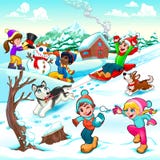 Grappige de winterscène met kinderen en honden stock illustratie Grappige de winterscène met kinderen en honden stock illustratie