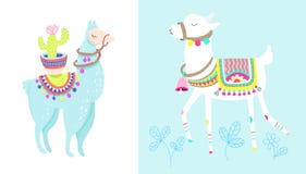 Grappige die lama met cactus op wit, blauw alpacadier wordt geïsoleerd stock illustratie Grappige die lama met cactus op wit, blauw alpacadier wordt geïsoleerd stock illustratie