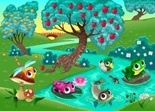 Grappige dieren op een rivier in het hout royalty-vrije illustratie Grappige dieren op een rivier in het hout royalty-vrije illustratie