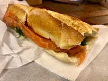 Gravlax Salmon Sandwich with Cream Cheese and Capers in Baguette Bread. royalty free stock photography Gravlax Salmon Sandwich with Cream Cheese and Capers in Baguette Bread. royalty free stock photography