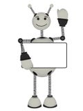 Gray Robot Holds Blank Ad Sign Smiles Waves Royalty Free Stock Photos Gray Robot Holds Blank Ad Sign Smiles Waves Royalty Free Stock Photos