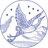 Great Blue Heron Flying Circle Mono Line Stock Image