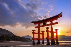Great torii of Miyajima at sunset, near Hiroshima Japan stock image Great torii of Miyajima at sunset, near Hiroshima Japan stock image