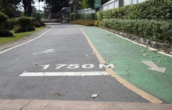 The green bike lane and white arrow painting parallel with jogging lane and white jogging man painting. royalty free stock photos The green bike lane and white arrow painting parallel with jogging lane and white jogging man painting. royalty free stock photos
