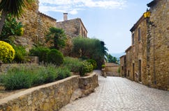 Green bordered cobblestone street Stock Photos Green bordered cobblestone street Stock Photos