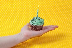 Green Cupcake And A Birthday Candle On Hand Stock Photo